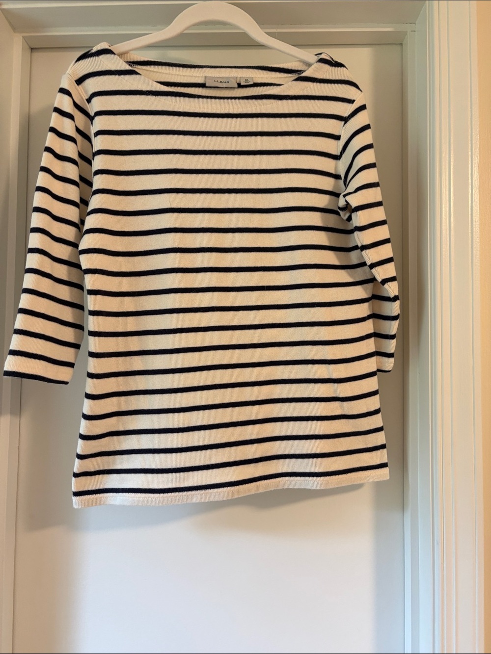 L.L. Bean Navy and Cream Striped Boatneck Long Sleeve Top